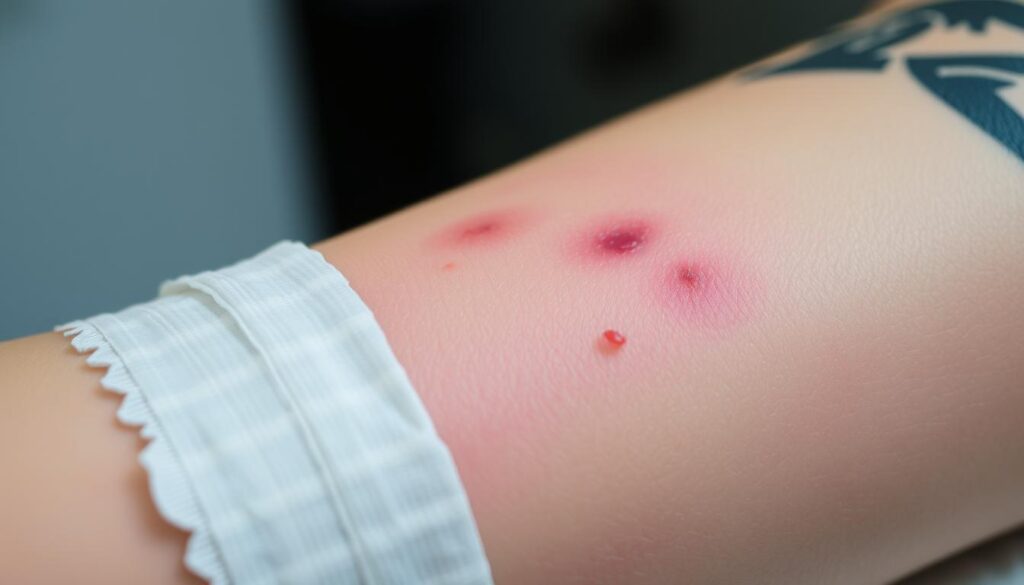 A close-up view of a freshly-bandaged tattoo, the skin still tender and slightly inflamed. The bandage is carefully peeled back, revealing the intricate linework and vibrant colors of the new ink. The surrounding skin is slightly reddened but free of any excessive swelling or weeping. Soft, indirect lighting illuminates the scene, creating a soothing, clinical atmosphere. The image conveys the delicate balance of the tattoo healing process, with a focus on the proper aftercare techniques needed to ensure a healthy, long-lasting tattoo.