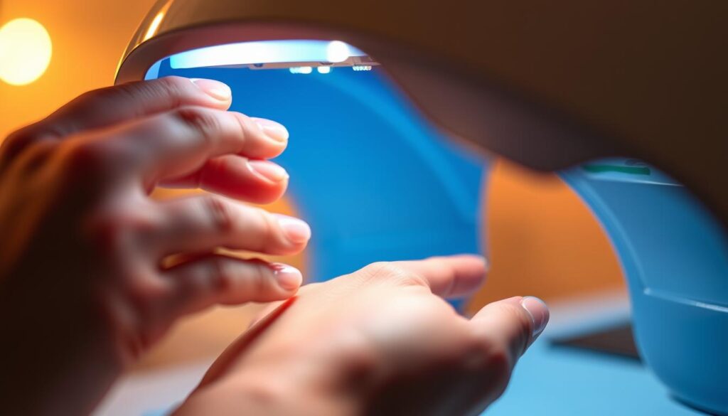 A close-up view of a gel nail polish curing process. In the foreground, a hand holding a UV/LED lamp positioned over freshly applied gel polish. The middle ground shows the gel polish glistening and hardening under the intense light. The background fades into a soft, blurred focus, emphasizing the technical nature of the procedure. Crisp, high-resolution details capture the precise application of the gel and the transformative curing process. Subtle, warm lighting creates a professional, salon-like atmosphere, conveying the care and expertise involved in achieving the perfect gel manicure.