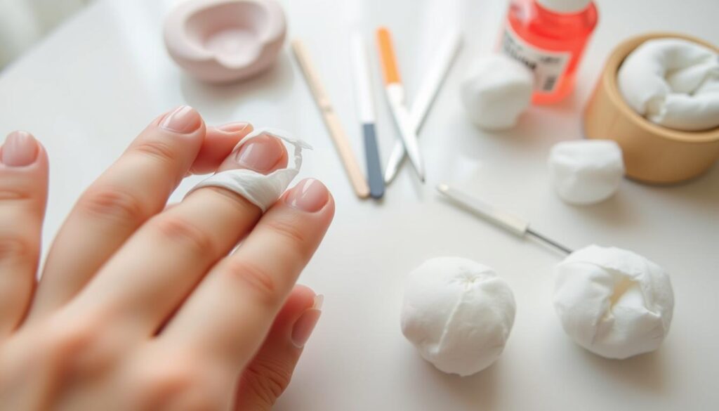 A close-up view of a hand carefully removing acrylic nails, showcasing the step-by-step process. The foreground depicts nimble fingers gently peeling off the acrylic layer, revealing the natural nail underneath. The middle ground features various nail care tools, such as nail files, cuticle pushers, and acetone-soaked cotton balls, arranged neatly on a clean, well-lit surface. The background subtly suggests a relaxing, spa-like atmosphere, with soft lighting and a minimalist, soothing color palette. The overall scene conveys a sense of precision, care, and the satisfying reveal of the natural nail, capturing the essence of the "How to take acrylics off at home" section. A close-up view of a hand carefully removing acrylic nails, showcasing the step-by-step process. The foreground depicts nimble fingers gently peeling off the acrylic layer, revealing the natural nail underneath. The middle ground features various nail care tools, such as nail files, cuticle pushers, and acetone-soaked cotton balls, arranged neatly on a clean, well-lit surface. The background subtly suggests a relaxing, spa-like atmosphere, with soft lighting and a minimalist, soothing color palette. The overall scene conveys a sense of precision, care, and the satisfying reveal of the natural nail, capturing the essence of the "How to take acrylics off at home" section.