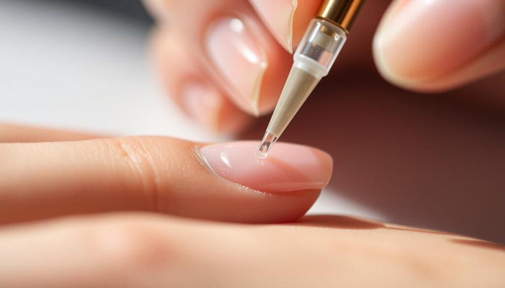 A close-up view of a hand delicately applying acrylic nail material onto a natural nail, with a brush dipped in a clear liquid. The application process is captured in sharp focus, showcasing the precise and controlled movements required. Bright, directional lighting illuminates the scene, casting subtle shadows that highlight the texture and depth of the materials. The background is softly blurred, keeping the viewer's attention on the intricate application technique. The overall mood is one of skilled craftsmanship and attention to detail, reflecting the expertise needed to master the art of acrylic nail application. A close-up view of a hand delicately applying acrylic nail material onto a natural nail, with a brush dipped in a clear liquid. The application process is captured in sharp focus, showcasing the precise and controlled movements required. Bright, directional lighting illuminates the scene, casting subtle shadows that highlight the texture and depth of the materials. The background is softly blurred, keeping the viewer's attention on the intricate application technique. The overall mood is one of skilled craftsmanship and attention to detail, reflecting the expertise needed to master the art of acrylic nail application.