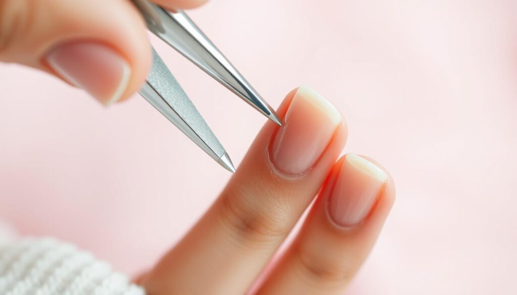 A close-up view of a hand delicately removing acrylic nails, revealing the underlying natural nails. The scene is brightly lit, captured with a macro lens to highlight the intricate details. The fingers are positioned at an angle, showcasing the process of gently prying off the artificial nails. The background is softly blurred, keeping the focus on the central action. The mood is one of caution and care, emphasizing the potential risks and precautions involved in acrylic nail removal. A close-up view of a hand delicately removing acrylic nails, revealing the underlying natural nails. The scene is brightly lit, captured with a macro lens to highlight the intricate details. The fingers are positioned at an angle, showcasing the process of gently prying off the artificial nails. The background is softly blurred, keeping the focus on the central action. The mood is one of caution and care, emphasizing the potential risks and precautions involved in acrylic nail removal.