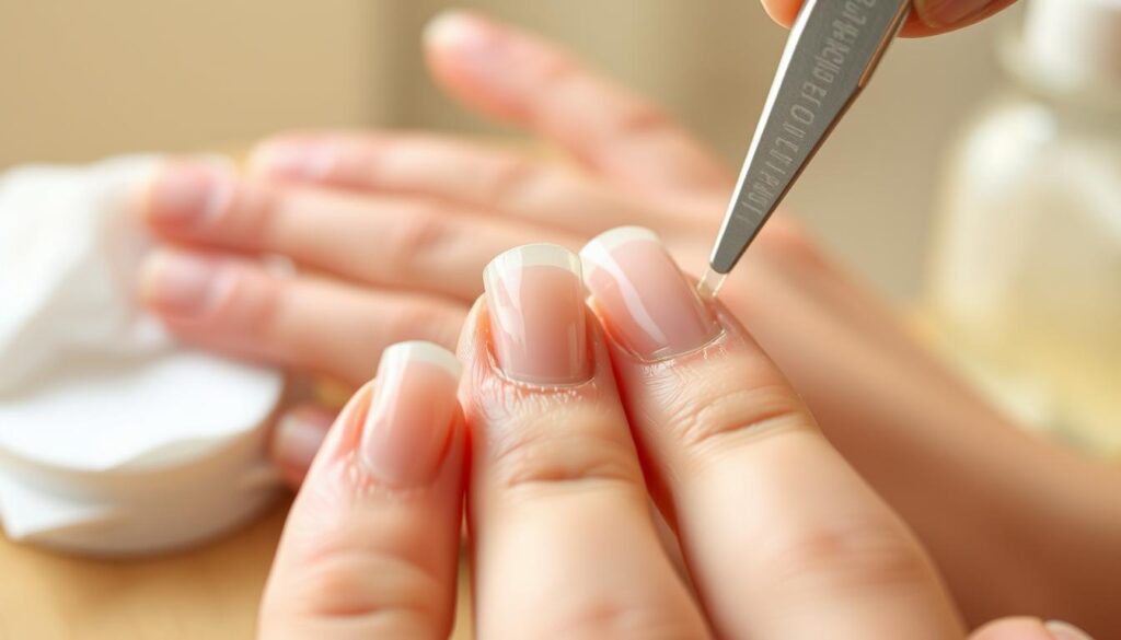 A close-up view of a hand delicately removing acrylic nails, showcasing the step-by-step process. The foreground features a set of nails in various stages of removal, with the nail file and acetone-soaked cotton pads clearly visible. The middle ground captures the fingers gently prying off the acrylic layers, while the background is softly blurred, creating a sense of focus on the detailed nail care task. The lighting is warm and diffused, casting a natural glow on the scene. The overall mood is one of careful precision and attention to detail, reflecting the importance of the acrylic nail removal process. A close-up view of a hand delicately removing acrylic nails, showcasing the step-by-step process. The foreground features a set of nails in various stages of removal, with the nail file and acetone-soaked cotton pads clearly visible. The middle ground captures the fingers gently prying off the acrylic layers, while the background is softly blurred, creating a sense of focus on the detailed nail care task. The lighting is warm and diffused, casting a natural glow on the scene. The overall mood is one of careful precision and attention to detail, reflecting the importance of the acrylic nail removal process.