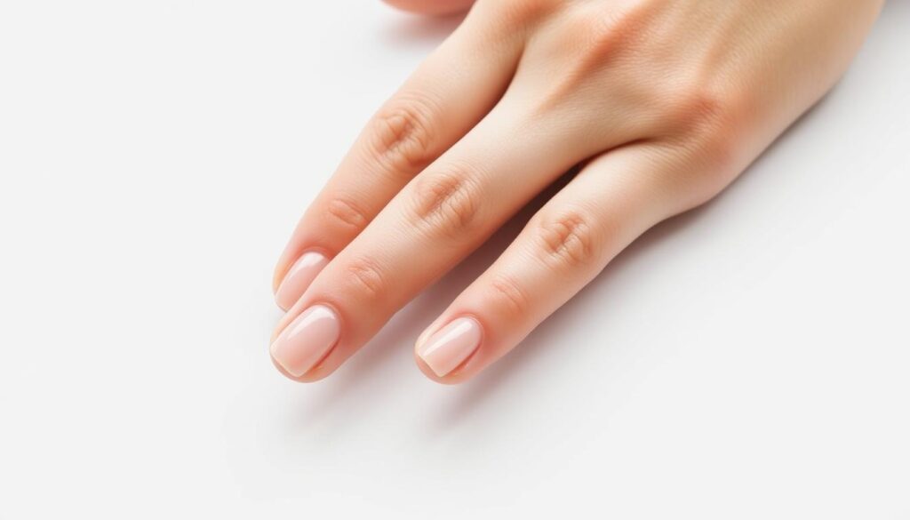 A close-up view of a hand demonstrating the proper technique for applying press-on nails. The nails are displayed against a clean, white background, allowing the details to be the focal point. The hand is positioned at a slight angle, showcasing the precise alignment and adhesion of the press-on nail to the natural nail bed. Soft, directional lighting illuminates the scene, creating subtle shadows that accentuate the curves and contours of the nails. The overall mood is one of refinement and attention to detail, reflecting the importance of correct application for long-lasting, professional-looking press-on nails.