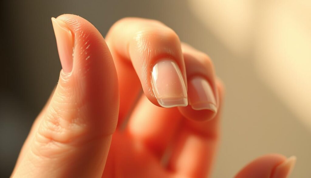 A close-up view of a hand gently removing acrylic nails, layer by layer. The nails are partially lifted, revealing the natural nail bed underneath. Soft, warm lighting casts subtle shadows, highlighting the process' delicate, meticulous nature. The background is blurred, keeping the focus on the hand's intricate movements as it carefully files and peels away the artificial overlay. The scene conveys a sense of care and precision, reflecting the patient, step-by-step approach required to safely remove acrylic nails without causing damage to the natural nails.