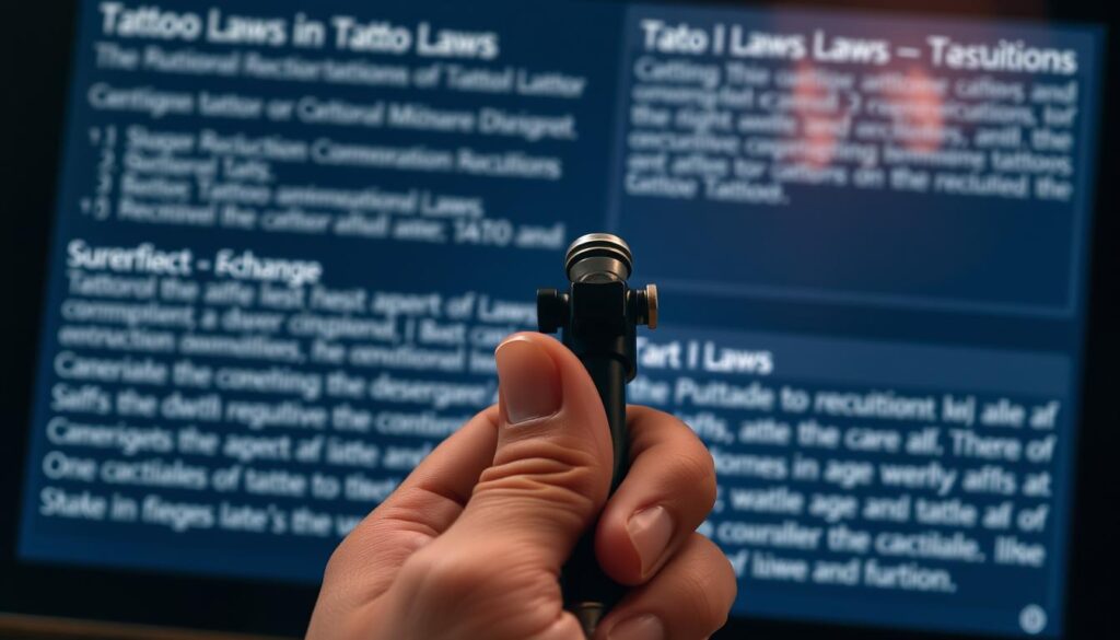 A close-up view of a hand holding a tattoo gun against a blurred background of state laws and regulations displayed on a tablet or mobile device. The lighting is soft and diffused, creating a contemplative and informative atmosphere. The focus is on the tattoo gun, symbolizing the act of getting a tattoo, while the background elements suggest the legal considerations and age requirements surrounding the process. The composition is balanced, with the tattoo gun in the foreground and the digital display of laws in the middle ground, creating a visually compelling and informative image.