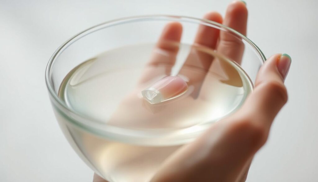 A close-up view of a hand soaking acrylic nails in a glass bowl filled with clear acetone solution. The nails are partially submerged, revealing the gradual dissolution of the acrylic material. Soft, diffused lighting illuminates the scene, creating a serene, contemplative atmosphere. The background is blurred, placing the focus entirely on the hand and the acetone soaking process. The image conveys the methodical, step-by-step nature of the nail removal technique, highlighting the importance of patience and attention to detail. A close-up view of a hand soaking acrylic nails in a glass bowl filled with clear acetone solution. The nails are partially submerged, revealing the gradual dissolution of the acrylic material. Soft, diffused lighting illuminates the scene, creating a serene, contemplative atmosphere. The background is blurred, placing the focus entirely on the hand and the acetone soaking process. The image conveys the methodical, step-by-step nature of the nail removal technique, highlighting the importance of patience and attention to detail.