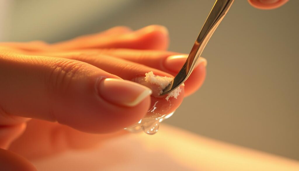 A close-up view of a hand undergoing the dip powder removal process. The fingers are delicately immersed in a clear liquid, gently dissolving the colored powder coating. A metal tool carefully scrapes away the softened layers, revealing the natural nail beneath. Warm lighting casts a soft glow, highlighting the intricate details of the removal technique. The background is slightly blurred, emphasizing the focus on the meticulous, step-by-step procedure. The overall mood is one of precision, care, and the satisfying transformation from artificial to natural nails.