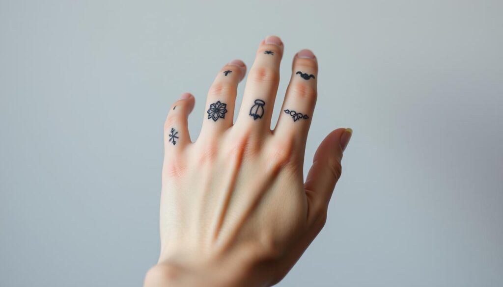 A close-up view of a hand with a collection of intricate, delicate finger tattoos in various abstract and minimalist designs. The tattoos are rendered in shades of black and gray, with fine linework and subtle shading, creating the impression of tiny masterpieces adorning the fingertips. The hand is positioned against a plain, neutral background, allowing the detailed tattoos to be the focal point. The lighting is soft and diffused, highlighting the delicate nature of the tattoos and lending a serene, intimate atmosphere to the scene.