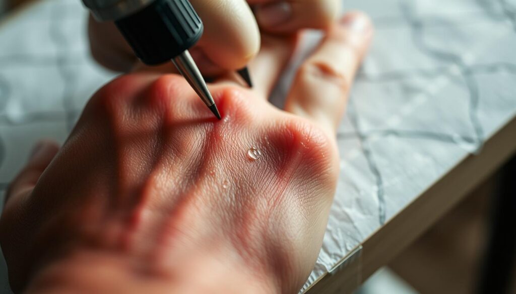 A close-up view of a hand with a fresh tattoo, the skin red and slightly swollen, capturing the acute sensation of pain. The tattoo artist's needle is visible, delicately etching the design into the sensitive skin. Beads of sweat on the subject's brow and a tightened grip on the table's edge convey the discomfort, while the determined expression suggests the determination to endure the process. Soft, natural lighting illuminates the scene, emphasizing the intricate details of the tattoo and the vulnerable state of the skin. The background is blurred, keeping the focus on the hand and the tattoo experience.