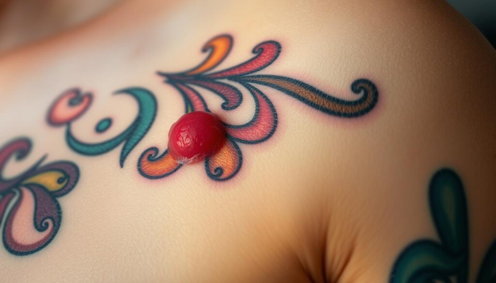 A close-up view of a healing color tattoo on a person's skin. The tattoo is vibrant, with intricate designs in a variety of hues. The skin around the tattoo appears slightly swollen and reddish, indicating the early stages of the healing process. The lighting is soft and natural, casting a warm glow on the skin. The camera angle is slightly angled, providing a detailed perspective of the tattoo's progression. The overall mood is one of introspection, highlighting the care and attention required during the healing journey of a vibrant color tattoo.