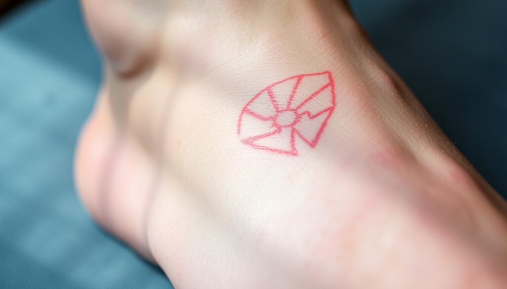 A close-up view of a healing foot tattoo, showcasing the gradual stages of the recovery process. The skin appears slightly reddened, with a light sheen of moisture and a faint network of fine lines. The tattoo design is partially obscured, hinting at its eventual vibrant reveal. Soft, diffused natural lighting gently illuminates the scene, creating a soothing, intimate atmosphere. The composition emphasizes the delicate, vulnerable nature of the healing skin, conveying the patience and care required during this transformative stage.