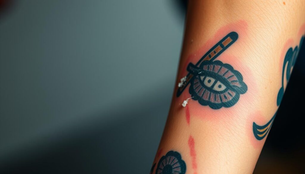 A close-up view of a healing tattoo, showcasing the different stages of the tattoo healing process. The tattoo features a vibrant, intricate design on the forearm. The skin around the tattoo appears slightly reddened and swollen, with a thin layer of scabs forming over the inked areas. In the middle ground, the tattoo is transitioning from the initial irritation to the peeling and flaking stage, revealing the fresh, healthy skin underneath. The background is softly blurred, creating a sense of focus on the tattoo itself. The lighting is soft and diffused, highlighting the textural details of the healing skin. The overall mood is one of natural, biological transformation, capturing the dynamic nature of the tattoo healing journey.