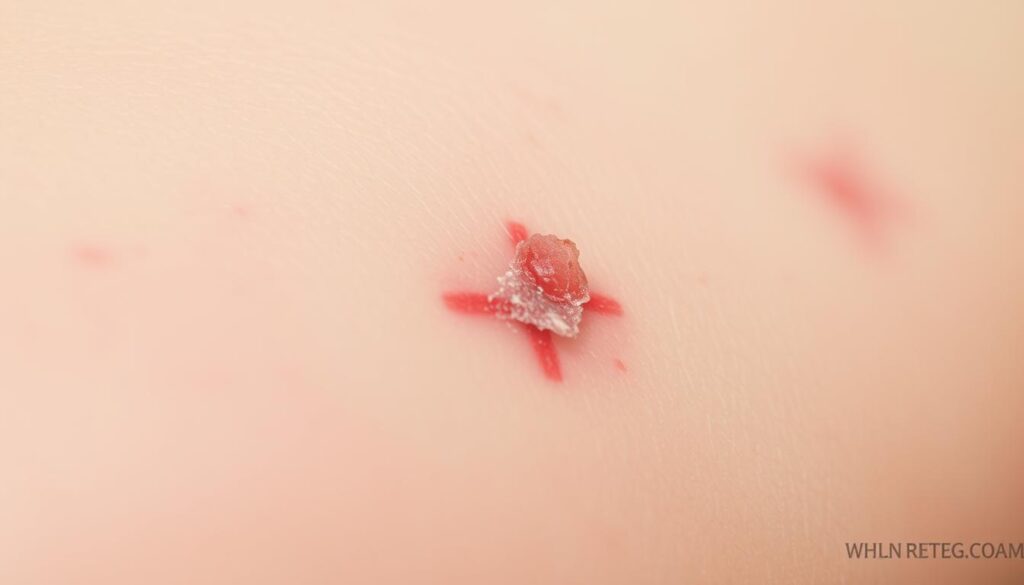 A close-up view of a healing tattoo, showcasing the natural process of scabbing. The skin appears slightly reddened, with a thin, dry scab forming over the design. The texture is slightly rough and flaky, indicating the tattoo is in the early stages of the healing process. The lighting is soft and diffused, highlighting the subtle details of the scabbing. The angle is slightly tilted, providing a dynamic and visually engaging perspective. The overall mood is one of normalcy and the natural progression of a freshly inked tattoo.