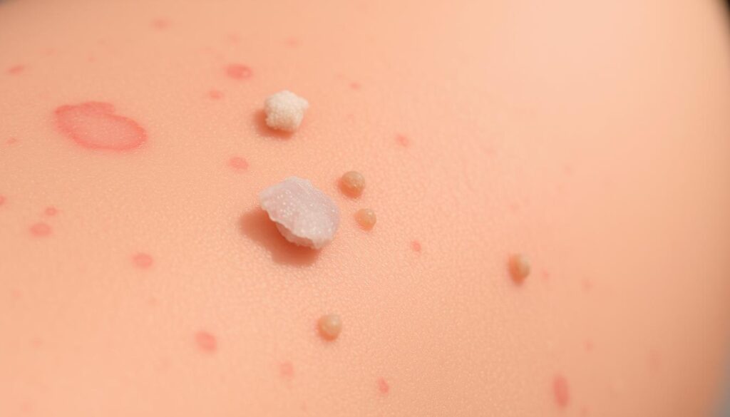 A close-up view of a healing tattoo, showcasing the natural scabbing process. The skin appears slightly inflamed, with a mottled, reddish-pink tone. Tiny, flaky scabs dot the surface, some starting to peel away, revealing the delicate, new skin underneath. The lighting is soft and diffused, casting gentle shadows that accentuate the textural details. The depth of field is shallow, keeping the scabbing in sharp focus, while the background is subtly blurred, placing the emphasis on the healing tattoo. The overall mood is one of close examination, highlighting the warning signs that something may not be progressing as expected during the tattoo aftercare.
