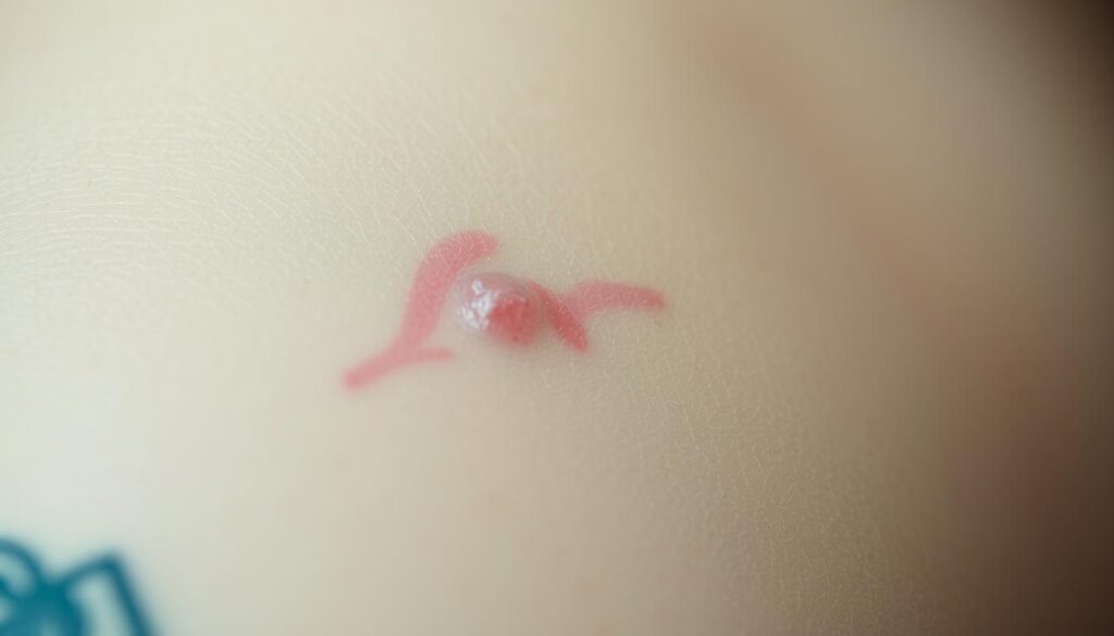 A close-up view of a healing tattoo, showcasing the protective barrier formed by Aquaphor. The skin appears slightly raised, with a semi-transparent, glossy sheen. The texture is smooth, with a subtle, subtle glow from the healing process. The lighting is soft and diffused, creating a sense of warmth and care. The angle is tilted slightly, providing a detailed perspective of the skin's surface and the barrier's effectiveness. The overall mood is one of nurturing and regeneration, highlighting the crucial role of Aquaphor in the tattoo aftercare process.