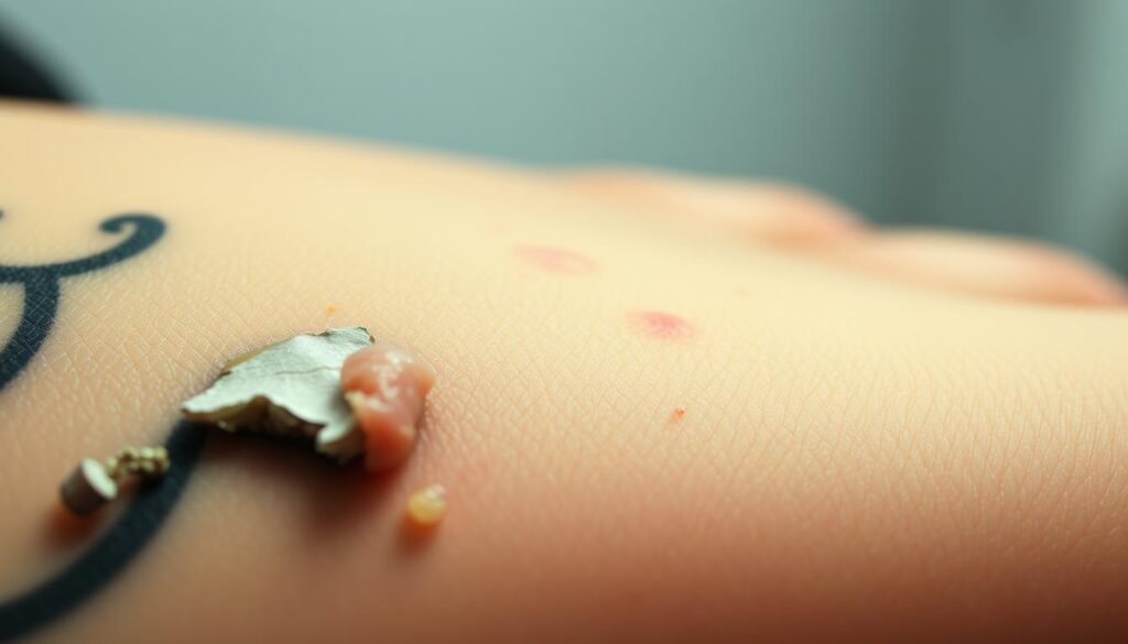 A close-up view of a healing tattoo, showcasing the various stages of the tattoo healing process. The foreground features the tattoo itself, with peeling skin, scabs, and a slightly raised, inflamed appearance, conveying the early stages of healing. The middle ground shows the skin surrounding the tattoo, with a slight reddish hue and some minor swelling, indicating the body's natural inflammatory response. The background is out of focus, creating a soft, ethereal atmosphere, allowing the viewer to focus on the intricate details of the healing tattoo. The lighting is soft and diffused, creating a subtle, natural-looking environment. The angle is a straight-on view, capturing the tattoo in all its detail and progression.