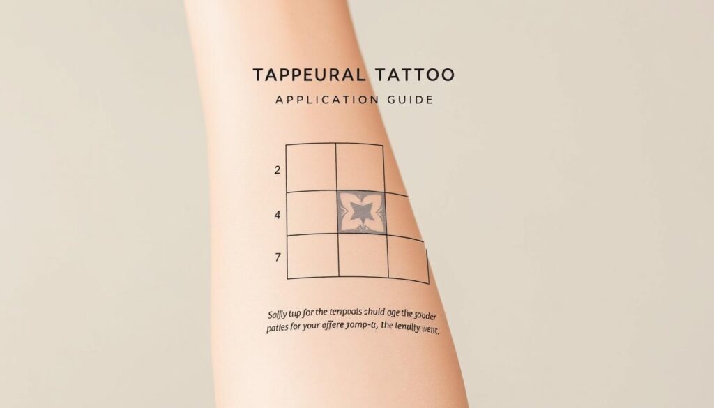 A close-up view of a human arm, displaying a detailed guide for the proper placement of temporary tattoos. The foreground features a realistic-looking arm, with smooth skin and subtle lighting, showcasing the suggested locations for temporary tattoo application. The middle ground includes a minimalist, elegant grid layout highlighting different zones on the arm, such as the wrist, elbow, and shoulder. The background is a soft, neutral tone, allowing the application guide to be the focal point. The overall mood is informative and visually appealing, with a clean, professional aesthetic that would be suitable for an educational article on temporary tattoo care and longevity.