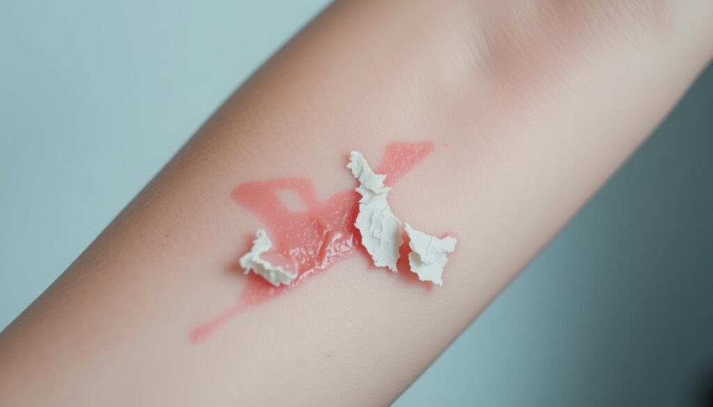 A close-up view of a human arm, showcasing a tattoo that is in the process of peeling off. The skin appears slightly reddened, with flaking, semi-transparent patches revealing the fresh ink underneath. The lighting is soft and diffused, creating a natural, realistic effect. The angle is slightly angled, providing a detailed perspective of the tattoo's transformation. The overall mood is one of normalcy and the natural healing process, conveying the idea of a healthy, temporary skin condition.