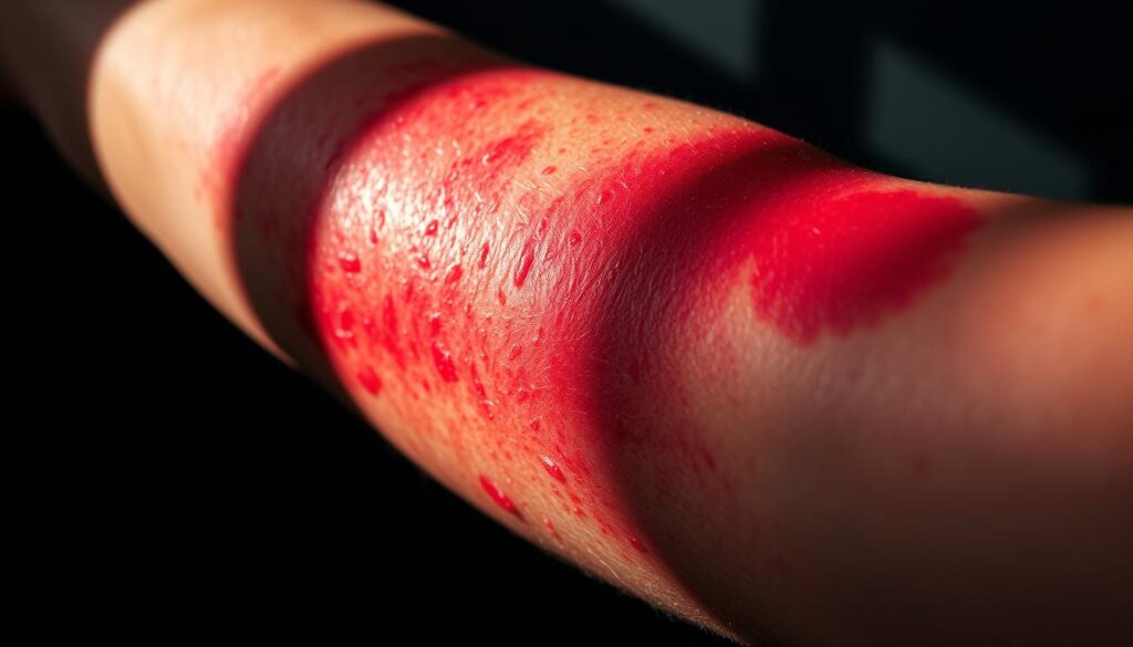 A close-up view of a human arm with a vivid, angry-looking rash on the skin. The rash is bright red, raised, and clearly irritated, indicating an allergic reaction. The skin is textured and inflamed, with visible bumps and splotches. The background is blurred, keeping the focus on the affected area. Dramatic lighting from the side casts sharp shadows, heightening the sense of discomfort and distress. The image conveys the painful and unsettling nature of a tattoo allergic reaction, capturing the details that would help illustrate the "Common Causes Uncovered" section of the article.