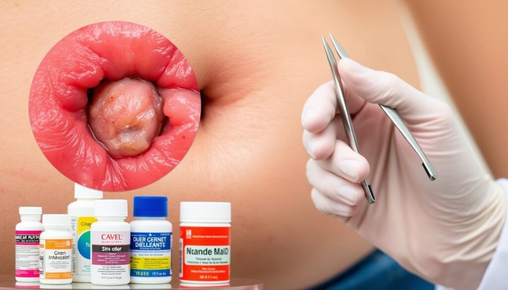 A close-up view of a human belly button, magnified to reveal the inflamed, red, and swollen skin around the navel. The skin appears irritated, with visible signs of pus and discharge. In the foreground, several over-the-counter medications and ointments are displayed, suggesting home remedies for treating the infection. The middle ground showcases a medical professional's hand, holding a pair of sterile tweezers, ready to examine and properly clean the infected area. The background is blurred, creating a sense of focus on the treatment options. The lighting is bright and clear, allowing for a detailed examination of the affected area.