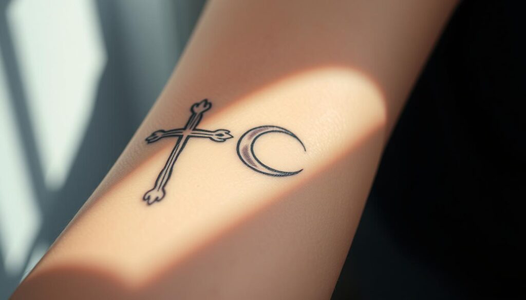 A close-up view of a human forearm with two prominent religious symbols artfully inked onto the skin. In the foreground, a detailed cross design takes center stage, casting soft shadows on the skin's surface. In the middle ground, a crescent moon and star motif is subtly woven into the composition, creating a balanced and visually striking arrangement. The image is shot with a medium-close lens, capturing the intricate linework and shading of the tattoos in high definition. The lighting is soft and diffused, lending a serene, contemplative mood to the scene. The background is blurred, allowing the focus to remain firmly on the meaningful body art.