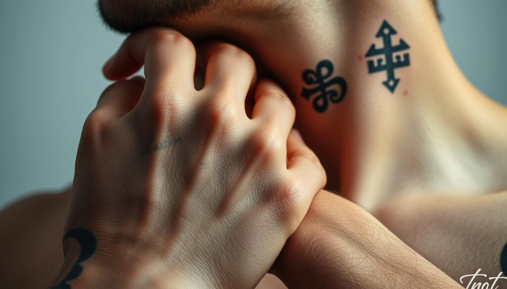 A close-up view of a human hand and neck, showcasing detailed tattoo designs. The hand is positioned prominently, revealing intricate linework and shading across the knuckles, fingers, and palm. The neck tattoo, placed along the side of the throat, features a bold, symbolic pattern. Soft, diffused lighting casts gentle shadows, highlighting the textural elements of the skin and ink. The composition is tightly framed, emphasizing the tactile nature of the body art. The overall mood is one of artistic expression, personal identity, and a sense of the regulations governing such permanent body modifications.