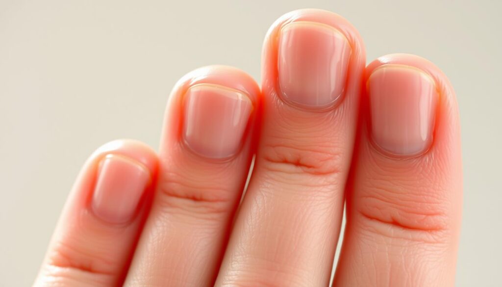 A close-up view of a human hand displaying prominent vertical ridges on the fingernails. The nails are illuminated by a soft, natural light, accentuating the intricate texture and patterns of the ridges. The skin around the nails is smooth and healthy, providing a visually striking contrast. The image is captured at a medium-close angle, allowing the viewer to clearly observe the details and structure of the nail ridges. The overall mood is one of scientific curiosity and medical interest, inviting the viewer to examine and understand the underlying causes of this common nail condition. A close-up view of a human hand displaying prominent vertical ridges on the fingernails. The nails are illuminated by a soft, natural light, accentuating the intricate texture and patterns of the ridges. The skin around the nails is smooth and healthy, providing a visually striking contrast. The image is captured at a medium-close angle, allowing the viewer to clearly observe the details and structure of the nail ridges. The overall mood is one of scientific curiosity and medical interest, inviting the viewer to examine and understand the underlying causes of this common nail condition.