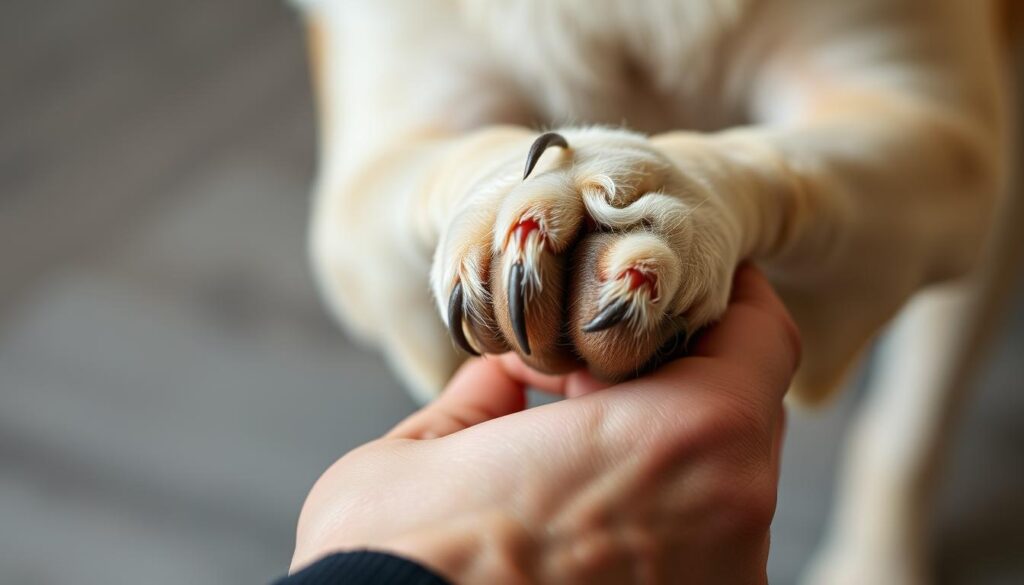 A close-up view of a human hand holding dog's paw, with the nails visible. The hand is positioned at a 45-degree angle, demonstrating the proper nail trimming technique. The lighting is soft and diffused, highlighting the details of the nails and the texture of the skin. The background is slightly blurred, keeping the focus on the foreground action. The composition is balanced, with the hand and paw occupying the center of the frame. The mood is informative and instructional, conveying the importance of proper nail care for the dog's health and well-being.