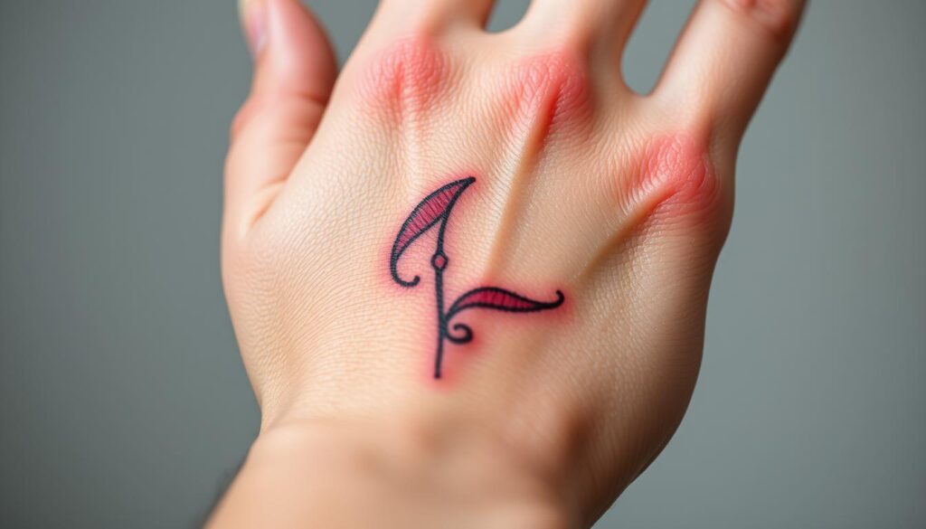 A close-up view of a human hand in the healing process of a fresh tattoo. The skin is red, slightly swollen, and glistening with a thin layer of healing ointment. Gentle, natural lighting accentuates the delicate details of the newly inked design, revealing the intricate linework and vibrant colors. The hand is positioned in a relaxed, slightly open pose, allowing the viewer to observe the gradual restoration of the skin's integrity. The background is softly blurred, keeping the focus on the captivating tattoo and its recovery.