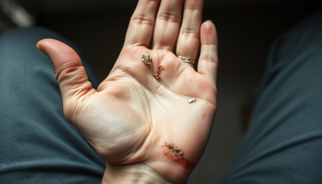 A close-up view of a human hand, palm facing up, showing the impact of nail glue on the skin and nails. The skin is reddened and irritated, with small blisters and peeling areas. The nails are discolored, brittle, and cracked, with visible adhesive residue. The lighting is soft and diffused, emphasizing the textural details. The angle is slightly elevated, capturing the hand from a slightly overhead perspective to provide a clear view of the affected areas. The background is blurred, keeping the focus on the hand and the visible effects of the nail glue. A close-up view of a human hand, palm facing up, showing the impact of nail glue on the skin and nails. The skin is reddened and irritated, with small blisters and peeling areas. The nails are discolored, brittle, and cracked, with visible adhesive residue. The lighting is soft and diffused, emphasizing the textural details. The angle is slightly elevated, capturing the hand from a slightly overhead perspective to provide a clear view of the affected areas. The background is blurred, keeping the focus on the hand and the visible effects of the nail glue.