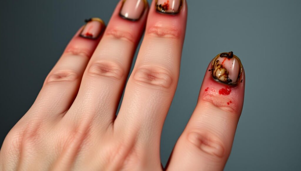 A close-up view of a human hand showing various types of nail trauma, such as discoloration, ridges, and deformities. The nails should appear damaged, with a sense of unease and distress. The lighting should be harsh, casting shadows and highlighting the imperfections. The composition should focus on the nails, with a slight tilt or angle to create a sense of vulnerability. The background should be neutral, allowing the viewer to concentrate on the nail issues. A close-up view of a human hand showing various types of nail trauma, such as discoloration, ridges, and deformities. The nails should appear damaged, with a sense of unease and distress. The lighting should be harsh, casting shadows and highlighting the imperfections. The composition should focus on the nails, with a slight tilt or angle to create a sense of vulnerability. The background should be neutral, allowing the viewer to concentrate on the nail issues.