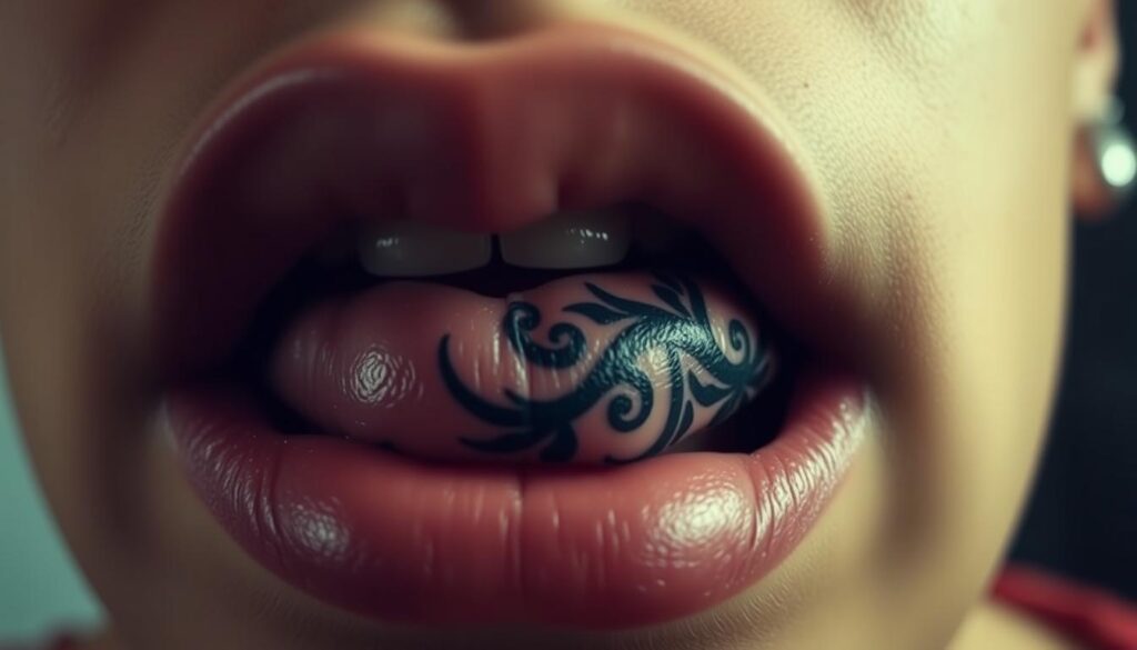 A close-up view of a human lip with a detailed, intricate tattoo design. The tattoo is prominently featured, taking up a significant portion of the frame. The skin around the tattoo is smooth and unblemished, highlighting the permanence and vibrancy of the ink. The lighting is soft and diffused, creating a warm, intimate atmosphere that emphasizes the personal nature of the tattoo. The camera angle is slightly angled, giving the viewer a sense of intimacy and connection with the subject. The background is blurred, keeping the focus firmly on the lip tattoo and its permanence.