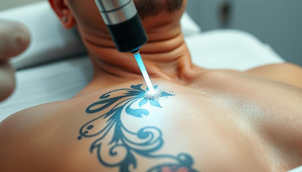 A close-up view of a laser tattoo removal process in a sterile medical setting. The skin is taut, revealing the intricate pattern of the tattoo. A high-powered laser beam precisely targets the pigment, causing it to shatter and fade. The patient's expression conveys a mix of discomfort and anticipation as the procedure unfolds. Bright, diffused lighting illuminates the scene, casting soft shadows and highlighting the technical details of the laser device. The background is blurred, keeping the focus on the delicate skin and the laser's precise movements. The overall atmosphere is one of a carefully controlled, clinical environment dedicated to the meticulous removal of unwanted body art.