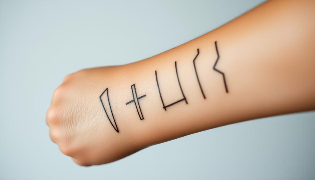 A close-up view of a male forearm displaying a collection of minimalist line tattoos. The tattoos feature simple, clean designs such as geometric patterns, abstract shapes, and delicate linework. The skin has a warm, natural tone, and the tattoos are rendered in a muted, subtle palette that blends seamlessly with the skin. The lighting is soft and diffused, creating a sense of intimacy and highlighting the intricate details of the tattoos. The angle is slightly tilted, offering a dynamic and visually appealing composition. The overall mood is one of understated elegance and the timeless appeal of line-based body art.