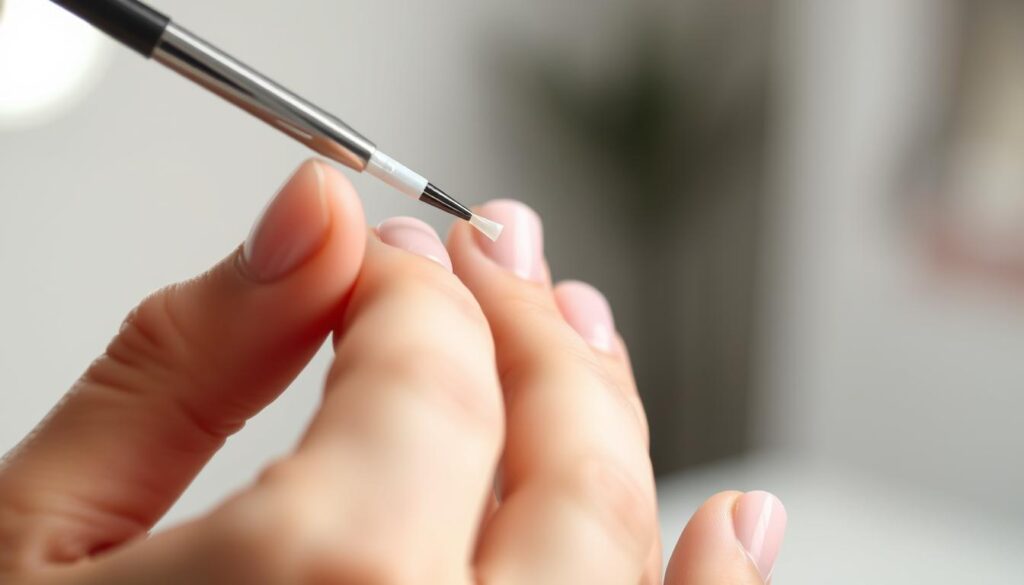 A close-up view of a manicured hand applying a clear top coat nail polish with a small, precise brush. The nails are perfectly shaped and buffed, reflecting the glossy top coat. The background is out of focus, but suggests a clean, well-lit studio or salon setting. Soft, diffused lighting illuminates the subject, creating a sense of delicacy and attention to detail. The application technique is deliberate and careful, showcasing the skill and precision required for a long-lasting, professional-looking manicure. The overall mood is one of focus, refinement, and the satisfying final step in the nail painting process. A close-up view of a manicured hand applying a clear top coat nail polish with a small, precise brush. The nails are perfectly shaped and buffed, reflecting the glossy top coat. The background is out of focus, but suggests a clean, well-lit studio or salon setting. Soft, diffused lighting illuminates the subject, creating a sense of delicacy and attention to detail. The application technique is deliberate and careful, showcasing the skill and precision required for a long-lasting, professional-looking manicure. The overall mood is one of focus, refinement, and the satisfying final step in the nail painting process.