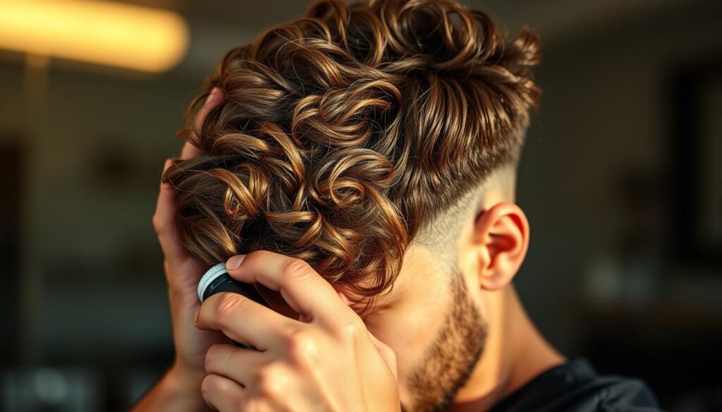 A close-up view of a man's hands carefully styling his curly, textured hair with styling products. The hair is a medium-length, wavy wolf cut hairstyle with distinct layers and volume. The lighting is warm and natural, creating soft shadows that accentuate the hair's texture. The background is blurred, keeping the focus on the intricate hairstyling process. The model's facial features are not visible, emphasizing the technical, instructional nature of the image. The overall mood is one of expertise, attention to detail, and the art of crafting a stylish, trendy men's hairstyle.