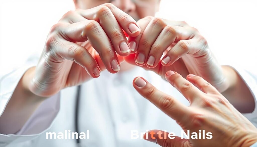 A close-up view of a medical professional's hands carefully examining a patient's nails under bright, clinical lighting. The nail beds are showcased in vivid detail, revealing any signs of brittleness, discoloration, or irregularities. The doctor's focused expression conveys the importance of a thorough evaluation, as they meticulously inspect each finger to identify the underlying causes and determine the appropriate course of treatment. The sterile, white backdrop emphasizes the medical nature of the scene, setting the stage for a thoughtful discussion about when to seek professional guidance for managing brittle nails.