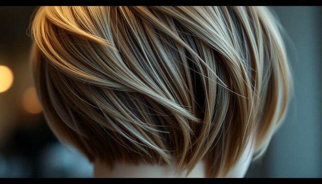 A close-up view of a model's head, showcasing the intricate layers of a stylized haircut. The lighting is soft and diffused, highlighting the subtle gradients and textures of the hair. The camera angle is slightly elevated, providing a detailed perspective of the layered structure. The hair is styled with a sophisticated, modern flair, featuring a blend of longer and shorter sections that seamlessly flow together. The background is blurred, keeping the focus solely on the exquisite craftsmanship of the layered hairstyle.