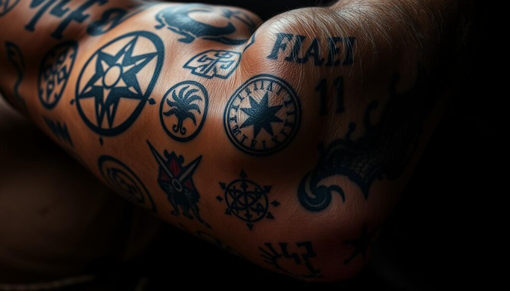 A close-up view of a muscular arm covered in a variety of Norse symbol tattoos, rendered in a moody, cinematic style with dramatic lighting and shadows. The tattoos include the Helm of Awe, the Vegvisir compass, the Yggdrasil tree of life, and various runes. The skin has a weathered, leathery texture, conveying the rugged, masculine aesthetic of Viking culture. The composition emphasizes the intricate details and symbolic meaning of the tattoos, captured from a low angle to suggest power and authority. The overall atmosphere is one of bold, proud, and unwavering warrior spirit.