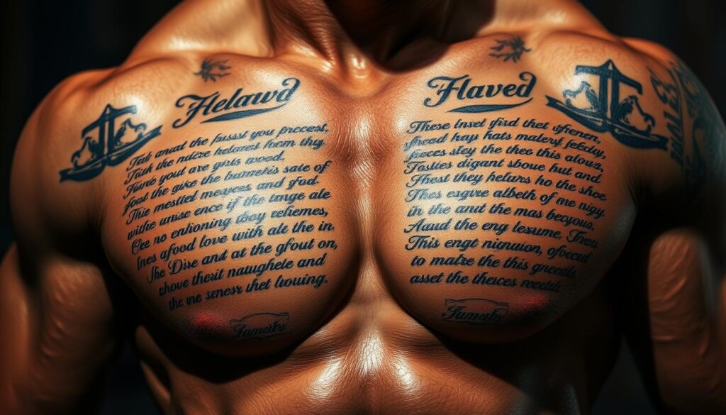 A close-up view of a muscular male torso covered in intricate, calligraphic Bible verse tattoos. The skin is tanned and glistening, the tattoo lines crisp and bold. The chest is framed by strong shoulders and a defined jawline, creating an imposing yet reverent presence. The lighting is dramatic, casting shadows that accentuate the contours of the body and the depth of the tattoo designs. The background is blurred, keeping the focus solely on the powerful, spiritual artwork inked into the man's flesh.