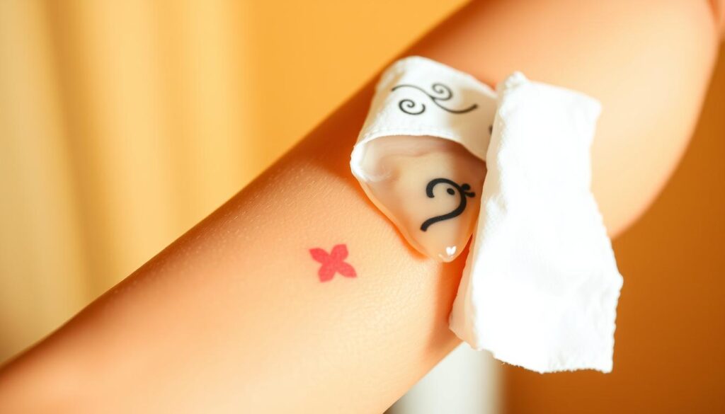 A close-up view of a person's arm, featuring two temporary tattoos. One tattoo is being gently rubbed with a cotton pad soaked in a clear liquid, representing the oil and alcohol removal method. The skin around the tattoo appears slightly reddened, indicating the gentle yet effective nature of this technique. The background is softly blurred, keeping the focus on the arm and the removal process. The lighting is warm and natural, creating a soothing and informative atmosphere. The overall scene conveys the step-by-step guide for easily removing temporary tattoos using a simple, non-invasive method.