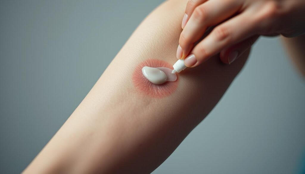 A close-up view of a person's arm, showcasing the aftercare process for a fresh tattoo during muscle gain. The skin is slightly inflamed, with a glossy, moisturized appearance. The foreground features the person's hand gently applying a fragrance-free, hypoallergenic tattoo ointment to the affected area, ensuring proper hydration and protection. The middle ground captures the tattoo design, partially obscured by the application of the ointment. The background is blurred, creating a soft, focused atmosphere, emphasizing the importance of the aftercare routine. Soft, diffused lighting illuminates the scene, capturing the delicate nature of the healing process. The overall tone is one of care and attention, underscoring the necessity of proper tattoo maintenance during periods of muscle growth.