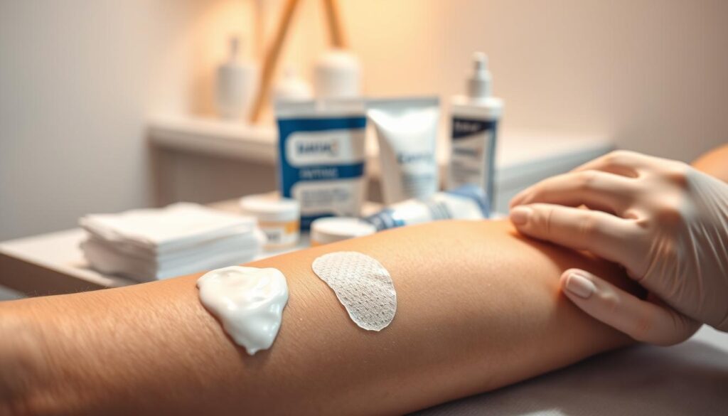 A close-up view of a person's arm, showcasing the post-treatment steps for tattoo removal. The foreground displays bandaged skin with gentle, soothing cream being applied by a gloved hand. The middle ground features a collection of medical supplies, including cotton pads, antiseptic wipes, and a tube of ointment. The background is softly blurred, conveying a clean, sterile medical environment with minimalist, neutral-toned decor. Warm, diffused lighting illuminates the scene, creating a calming, reassuring atmosphere. The overall composition emphasizes the care and attention required during the post-laser treatment process.