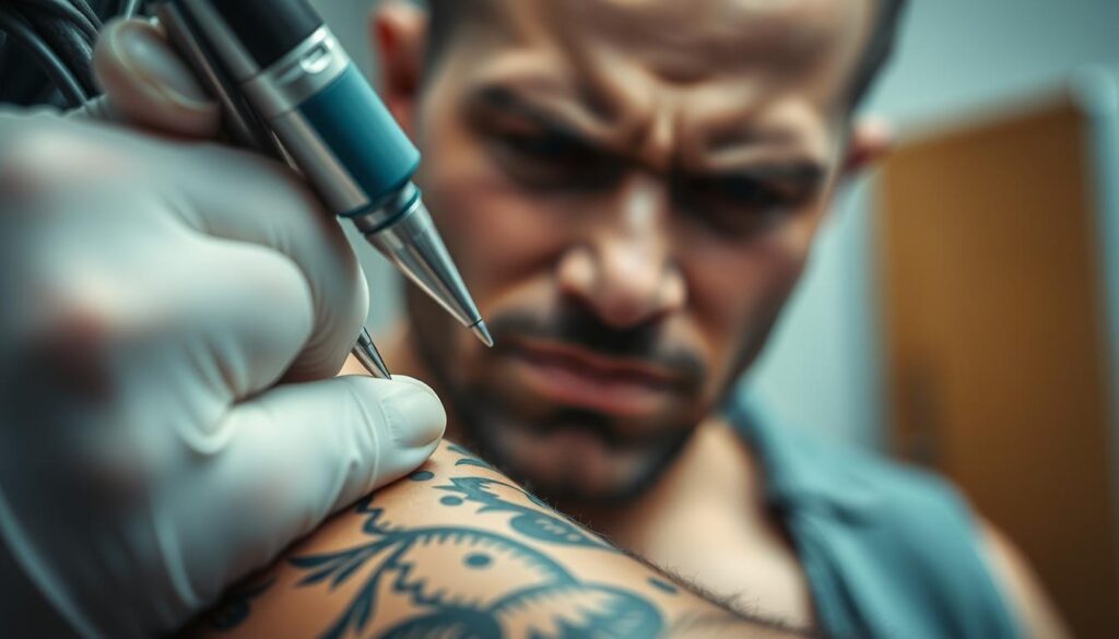 A close-up view of a person's arm with a tattoo in progress, capturing the pain sensations. The foreground features the tattoo artist's hand skillfully wielding the tattoo needle, creating intricate designs on the skin. The middle ground showcases the subject's face, expression contorted in a mix of discomfort and determination, sweat beading on their brow. The background is blurred, emphasizing the intense focus on the tattoo process. The lighting is soft and diffused, casting subtle shadows that accentuate the texture of the skin and the delicate movements of the tattoo artist. The overall atmosphere conveys the raw, visceral experience of the tattoo process, inviting the viewer to empathize with the subject's tattoo pain sensations.