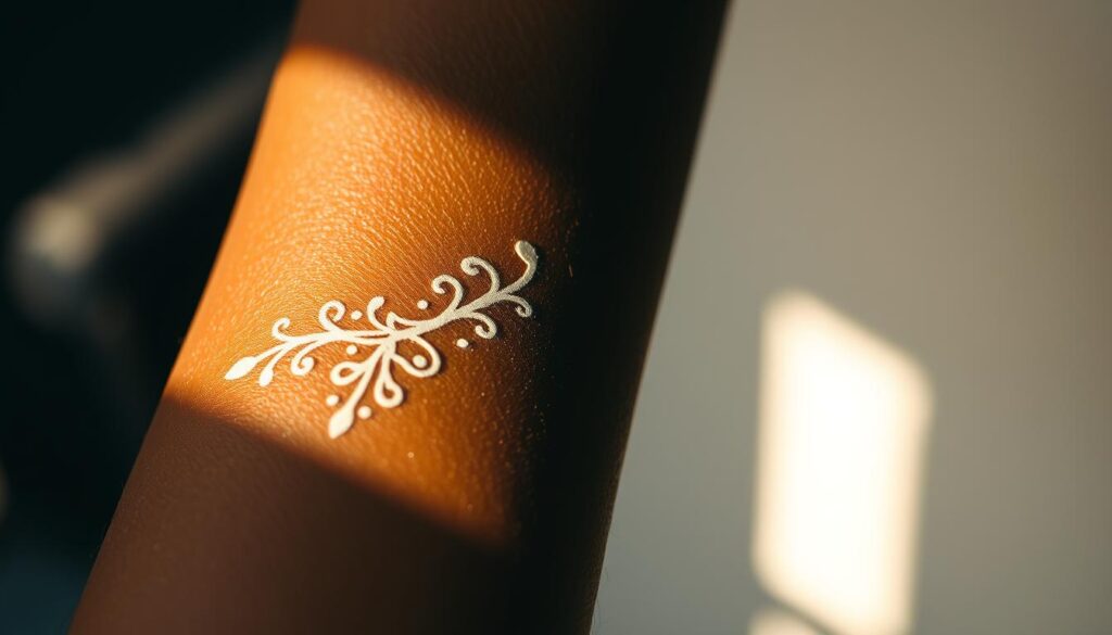 A close-up view of a person's forearm, showcasing a white ink tattoo design against their dark, melanated skin. The tattoo is intricate, with delicate lines and intricate patterns that appear to shimmer and glow softly under a warm, diffused light. The skin is smooth and even, with a subtle sheen, creating a striking contrast between the pale ink and the rich, deep tone of the skin. The background is slightly blurred, keeping the focus on the tattooed arm and highlighting the unique and beautiful combination of the white ink and dark skin.