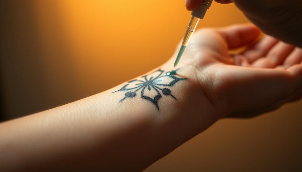 A close-up view of a person's forearm, showcasing the intricate process of a bleach tattoo. The skin is gently being applied with a chemical solution, creating a contrasting pattern that gradually fades into the natural skin tone. The scene is illuminated by a warm, diffused light, casting soft shadows and highlighting the delicate texture of the skin. The background is blurred, allowing the viewer to focus on the delicate technique being demonstrated. The overall tone is educational and informative, conveying the scientific principles behind this unique form of body art.