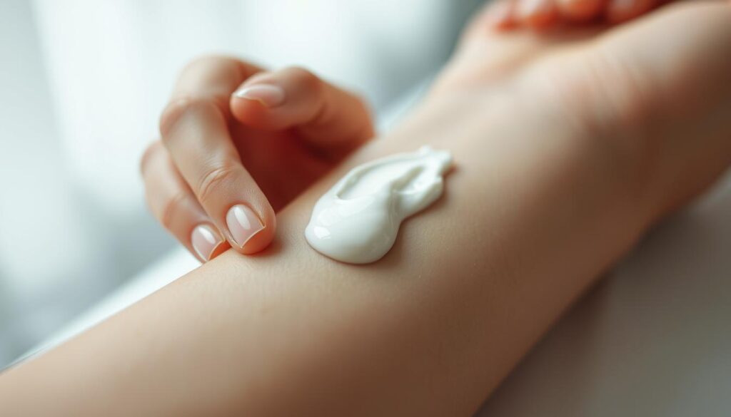 A close-up view of a person's hand delicately applying a thick, white numbing cream to the skin of their forearm. The cream's smooth, glossy texture is clearly visible, with a subtle shine from the lighting. The background is slightly blurred, keeping the focus on the application process. The lighting is soft and diffused, creating a gentle, calming atmosphere. The angle is slightly tilted to provide an intimate, detailed perspective of the careful, precise movements as the cream is gently massaged into the skin.