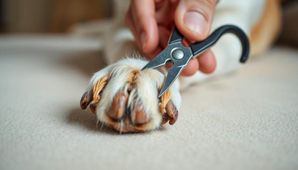 A close-up view of a person's hand holding a dog's paw, delicately positioning a pair of sharp dog nail clippers at a precise 45-degree angle to the nail. The dog's paw is resting on a soft, neutral-toned surface, with gentle, natural lighting illuminating the scene. The composition emphasizes the importance of the proper trimming technique, with the dog's nail and the clippers taking up the majority of the frame. The overall mood is one of focused attention and care, conveying the importance of this grooming task for the dog's health and comfort.