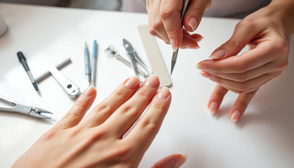 A close-up view of a person's hands carefully removing acrylic nails step-by-step. The foreground shows the hands delicately filing and lifting the acrylic layers, revealing the natural nails underneath. The middle ground displays various nail removal tools like a cuticle pusher, nail clipper, and emery board. The background is a clean, well-lit surface, creating a bright and hygienic atmosphere. Soft, diffused lighting from above casts gentle shadows, emphasizing the intricate nail removal process. The overall mood is one of focus, precision, and care, reflecting the detailed instructions of the acrylic nail removal guide.
