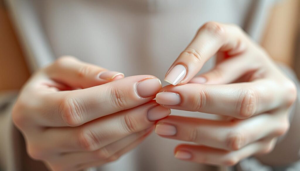 A close-up view of a person's hands delicately removing acrylic nails, revealing the natural nail underneath. Soft, diffused lighting illuminates the scene, creating a serene, calming atmosphere. The hands are gently prying off the acrylic overlay, showcasing the process of safely and carefully transitioning back to the bare nail. The image captures the attention to detail and precision required for this DIY home procedure, emphasizing the importance of a gentle, step-by-step approach. A close-up view of a person's hands delicately removing acrylic nails, revealing the natural nail underneath. Soft, diffused lighting illuminates the scene, creating a serene, calming atmosphere. The hands are gently prying off the acrylic overlay, showcasing the process of safely and carefully transitioning back to the bare nail. The image captures the attention to detail and precision required for this DIY home procedure, emphasizing the importance of a gentle, step-by-step approach.